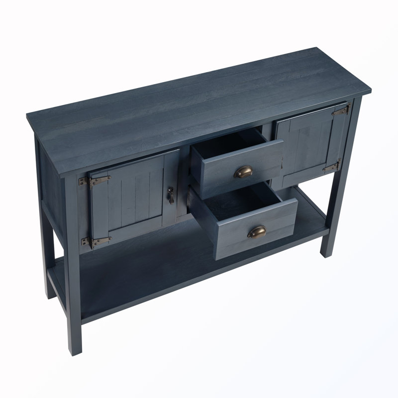 Console en bois avec 2 tiroirs, armoires et tablette inférieure, Bleu