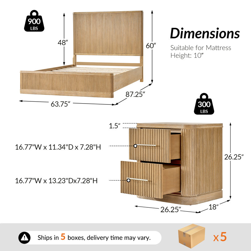 Graciana 3-Piece Fluted Solid Wood Bedroom Set, Natural, Queen