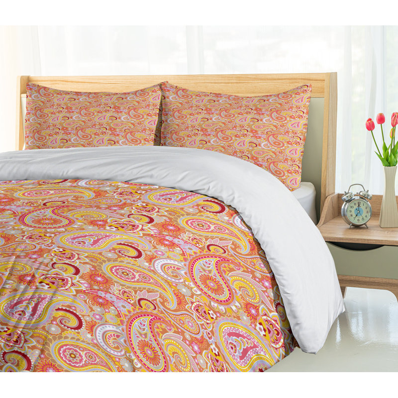 Queen Size Orange Paisley Floral Duvet Cover Set