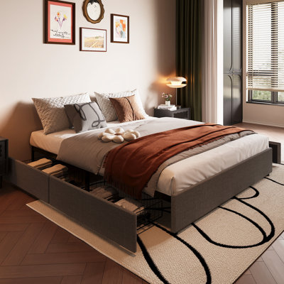 Full Size Upholstered Platform Fabric Bed Frame with 4 Storage Drawers, Wooden Slats Support, Noise Free, Easy Assembly, Dark Grey