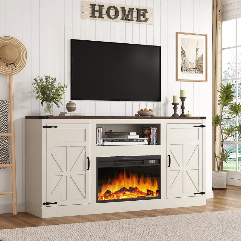Meuble télé 66 po pour téléviseur de 65 po ou moins de 70 po avec foyer électrique de 26 po, centre de divertissement de ferme avec prises de courant et tablettes réglables
