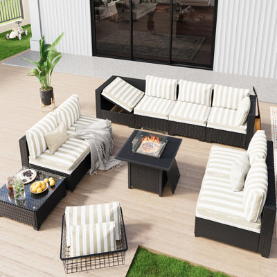 Fully Assembled Chairs, 8-Person Patio Conversation Set Black Chaise Lounge Modular Seating Outdoor Furniture With Waterproof Cover And Fire Pit