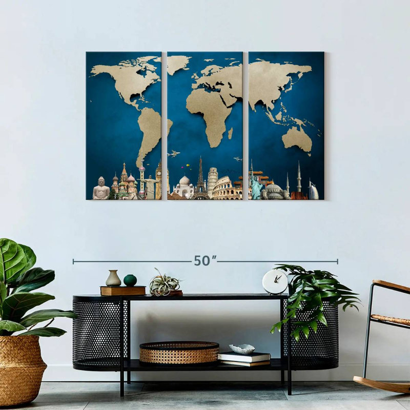 Carte du monde océan bleu 3 pièces, H 28 po x l 45 po x P 1,25 po
