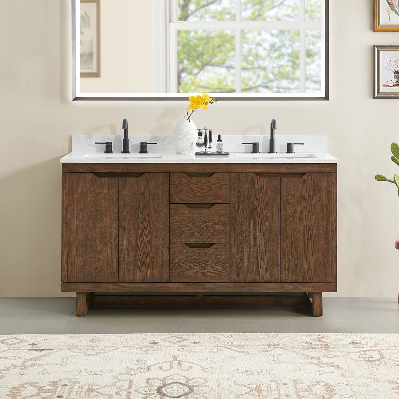 Meuble-lavabo double 60 po en chêne brossé brun avec grain de pierre blanc Mowry