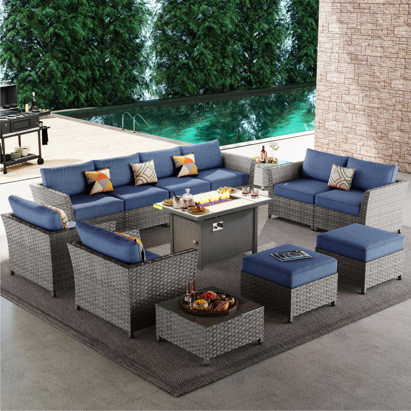 Cassville 8 - Person Patio Furniture Set, Outdoor Wicker Rattan Sectional Seating Group with Cushions, All Weather Sofa Conversation Set with Optional Fire Pit Table for Garden Backyard