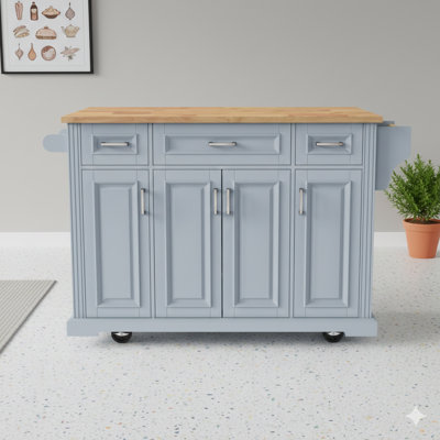 54-Inch Large Kitchen Island Cart on Wheels, Rubberwood Drop-Leaf Top with Embossed Texture Detailing, Includes 4 Doors and 3 Drawers – Mobile Storage