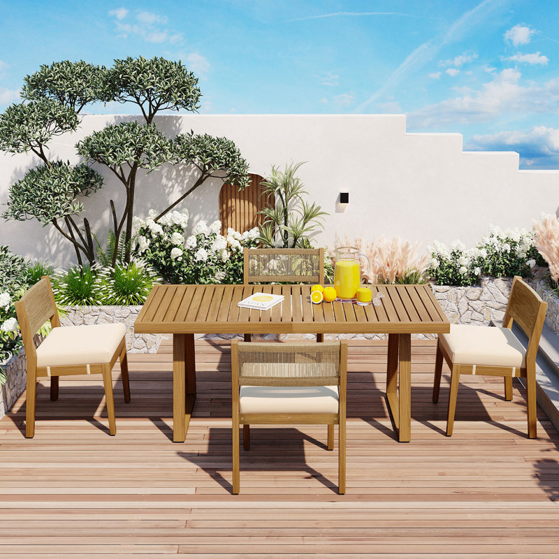 Multi-Person Outdoor Acacia Wood Dining Set With Thick Cushions, Beige