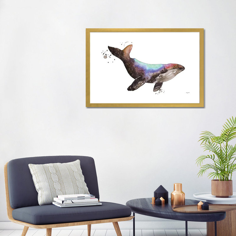 " Galaxy Whale " by Kelsey McNatt, 24" H x 32" W x 1" D, Gold Framed Paper, White