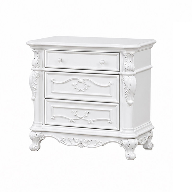 Rosy 4pc Queen Bedroom Set, White Solid Wood Nightstand Dresser Mirror