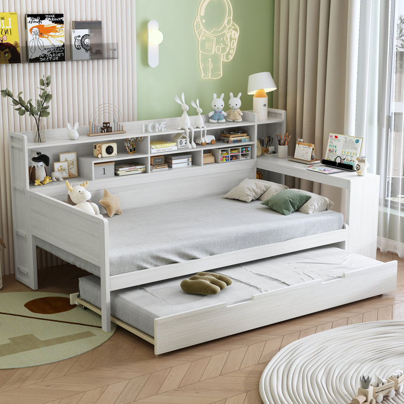 Lit de jour simple en bois avec lit gigogne, bureau intégré et tablettes de rangement, cadre de lit multifonctionnel, Blanc