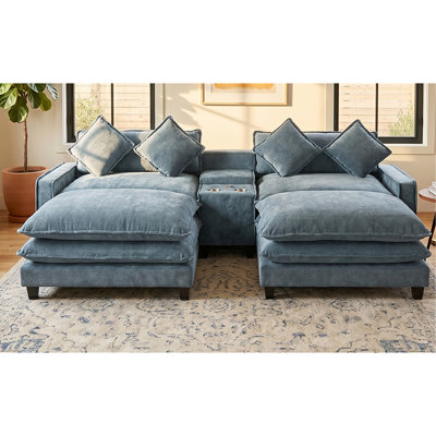 111" Sectional Sofa Chenille Upholstered Sofa with Two Removable Ottoman, Two USB Ports, Two Cup Holders and Large Storage Box for Living Room, Light Blue
