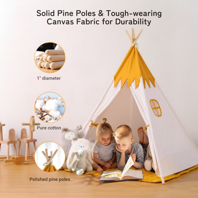 Besrey Kid Teepee Play Tent with String Lights & Thickened Mat,Kids Indoor Outdoor Playhuose Tent,Yellow