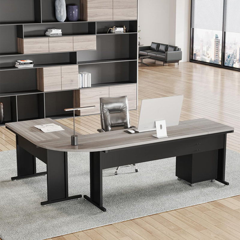 83 Inch L-Shaped Office Desk With 3-Drawer File Cabinet, Gray/Black