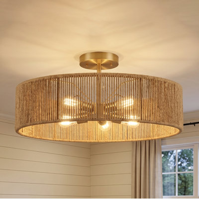 24''-5 Lights Polished Brass Boho/Natural Farmhouse Rattan Drum Dimmabled Semi-Flush Mount For Bedroom/Living room