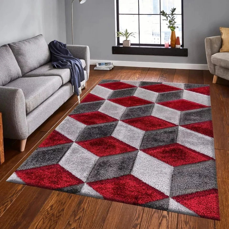 Shaggy Rug Red Large Living Room Carpet & Extra Long Hallway Runner Modern Geometric Non Slip Bedroom Area Rug