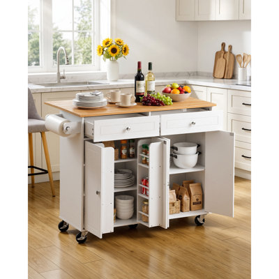 Kitchen Island Cart with Storage, 47.64 in Wide Mobile Rolling Storage Island on Swivel Wheels, Featuring 2 Drawers, Storage Cabinet, Drop Leaf, Towel Rack, Table for Home Dining Room, White