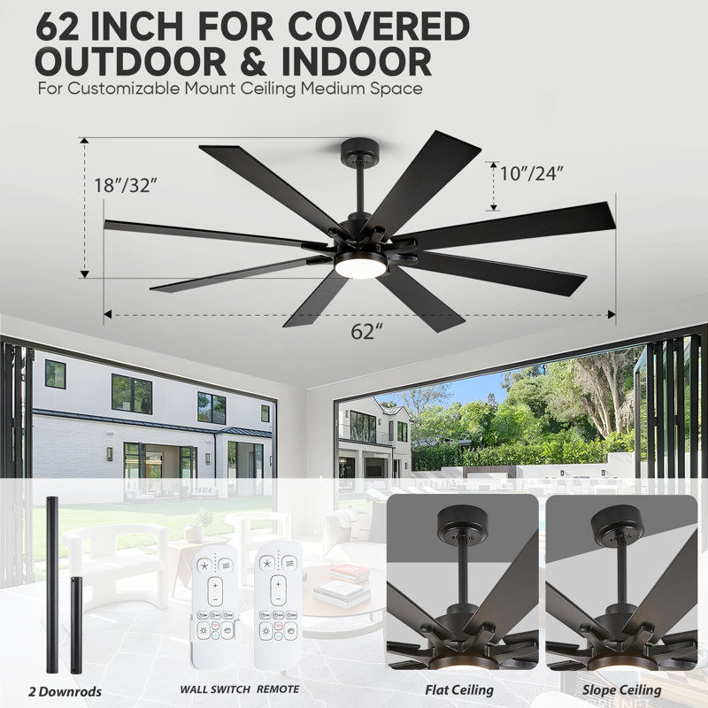 Large 8 Blade Ceiling Fan With Led Light And Smart Features, 62", Black, Black