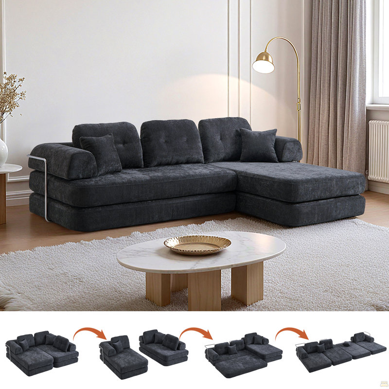 Canapé de 104 po sans os, canapé modulaire compressé avec méridienne, canapé modulaire à assise profonde et canapé modulaire en chenille avec mousse à mémoire de forme, sans assemblage requis