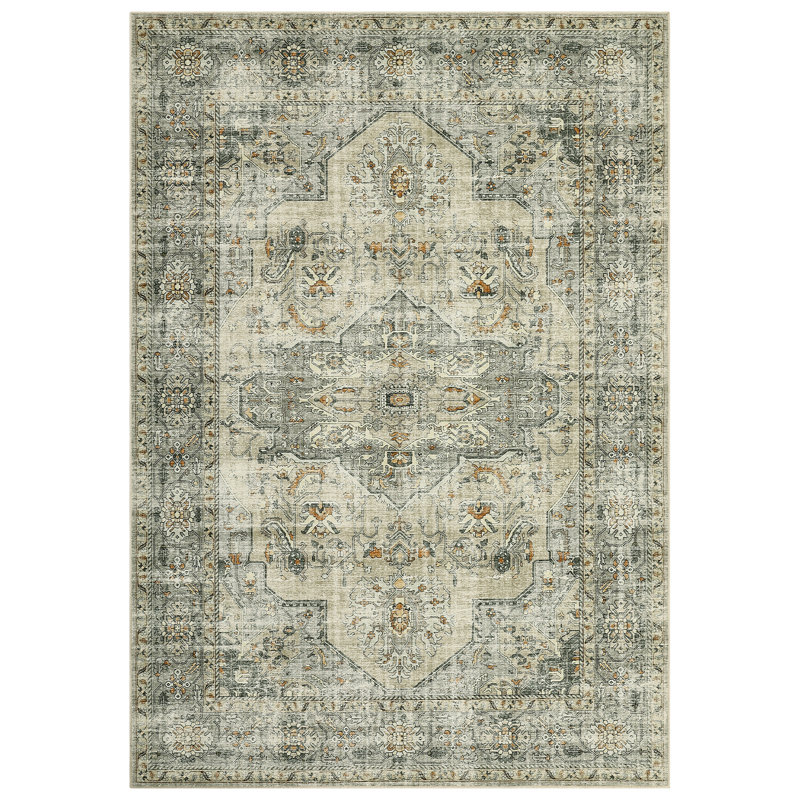 Oriental Machine Washable Rug with Rubber Backing for Living Room Durable Vintage Floor Carpet Easy-Cleaning Rug