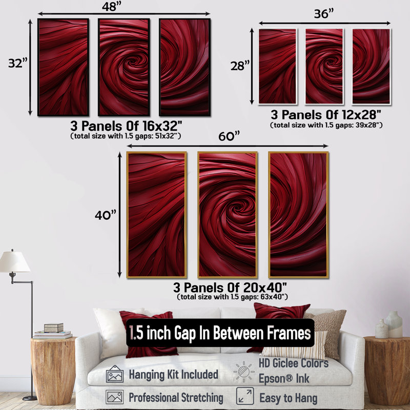 «Red Winding Wonder», ensemble d'art sur toile à spirales abstraites, H 28 po x l 36 po x P 1 po, Cadre flottant doré