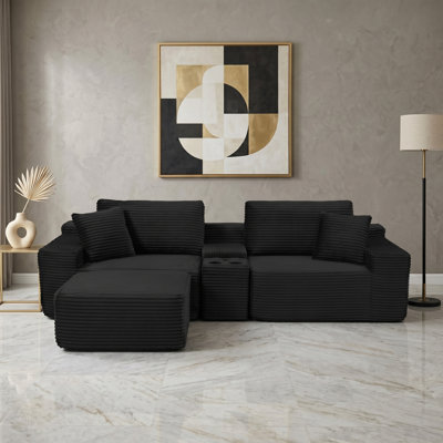 Canapé modulaire en velours côtelé 4 pièces avec repose-pieds, console de rangement et porte-gobelets Modern