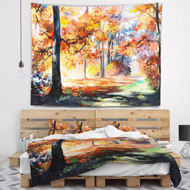 Paysage automne sentier en forêt tapisserie, H 68 po x l 80 po