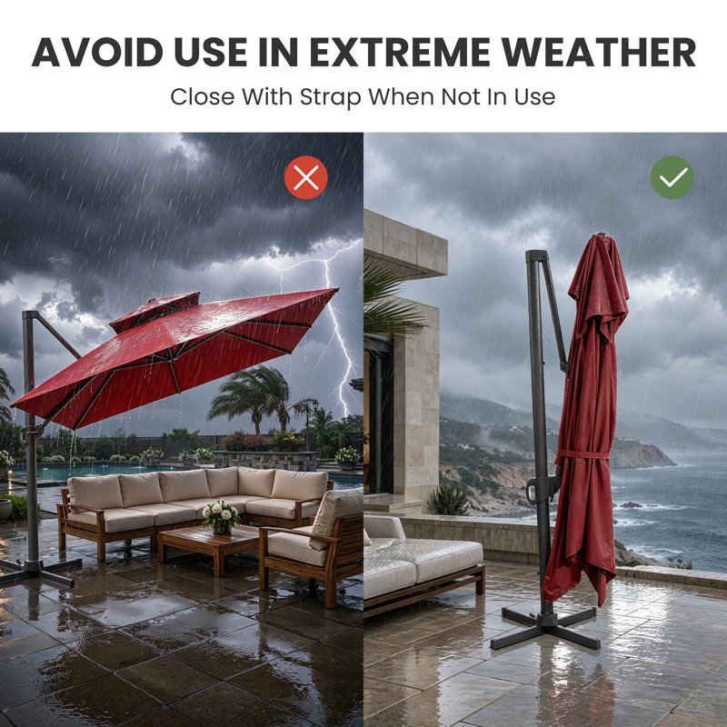 Parasol de patio extérieur en porte-à-faux décalé 10 pi x 13 pi sans base lestée Lowrie, Rouge