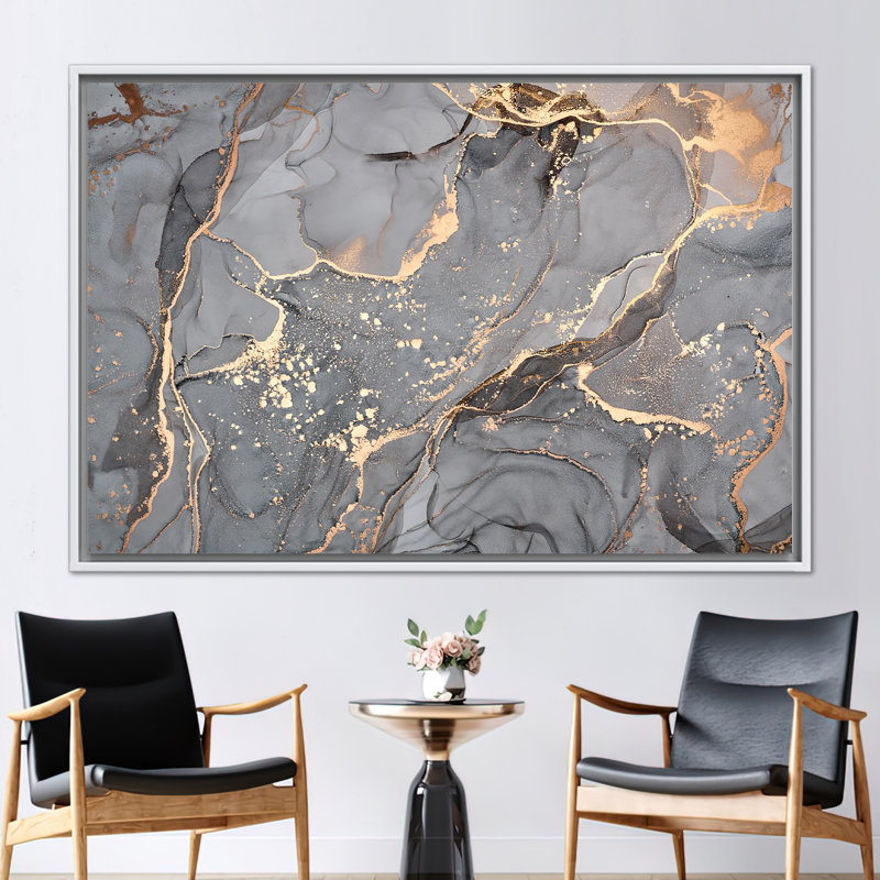 Modern Abstract Art Canvas - Luxury Marble Print Alcohol Ink Poster, 20 cm H x 30 cm W, White Floater Framed
