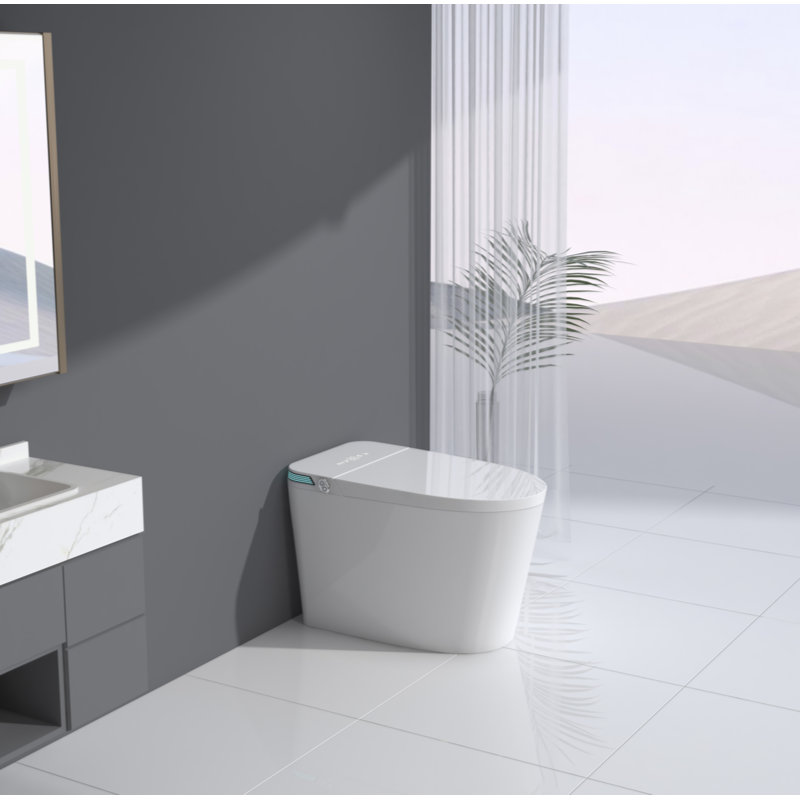 Toilette intelligente de luxe intelligente avec pulvérisateur d'eau chaude et sécheuse instantanées, fonction de chasse d'eau automatique / capteur de pied, siège de bidet chauffé à température ajustée, affichage à DEL blanc