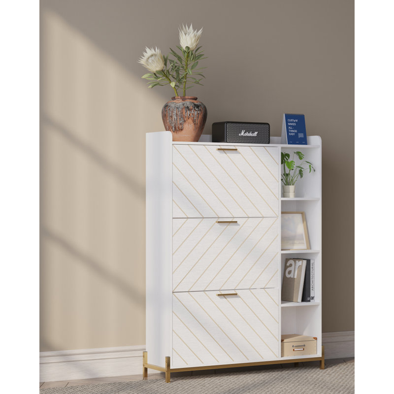 Range-chaussures avec 3 tiroirs rabattables et tablettes ouvertes, armoire de rangement pour chaussures moderne et étroite, étagère à chaussures étroite