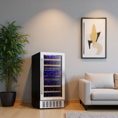 Refroidisseur à vin 28 bouteilles à deux zones avec serrure numérique, fonction de mémoire d'empreinte, conception encastrée / sous le comptoir, porte en acier inoxydable et double verre trempé pour la maison / le bureau / le bar