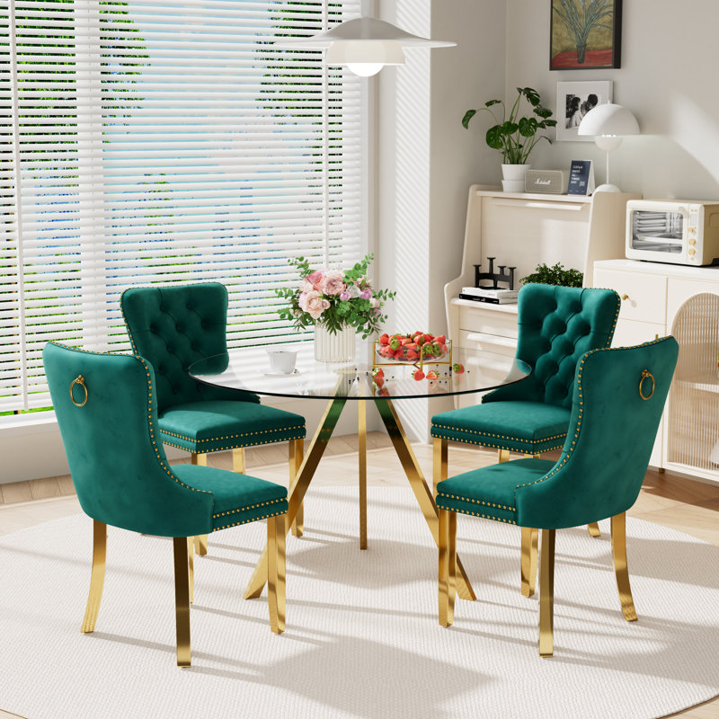 5-Piece Pedestal Gold Dining Set, Green, 30" H x 39" W x 39" D