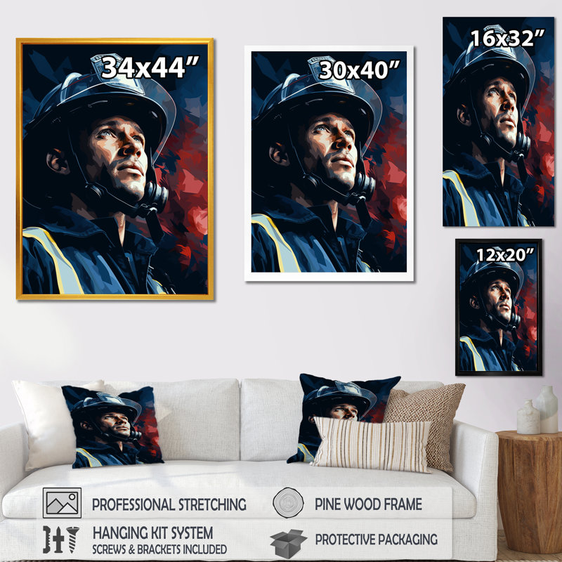 Honor and Courage Fireman Portrait - Art mural pompier, H 20 po x l 12 po x P 1 po, Cadre simple noir