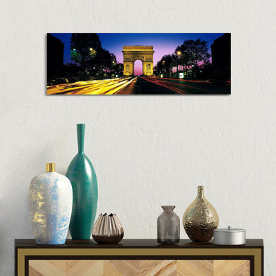 Arc De Triomphe With Blurred Motion Car Lights, Paris, Ile-De-France, France - Wrapped Canvas Panoramic Print
