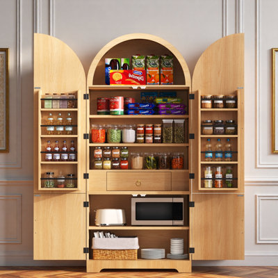Grand garde-manger arqué avec 8 tablettes de porte, 3 tablettes réglables et un tiroir caché