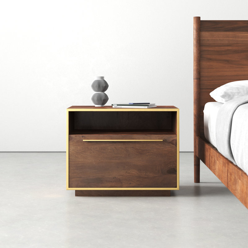 Josefina Walnut Solid Wood Nightstand with Gold Handle