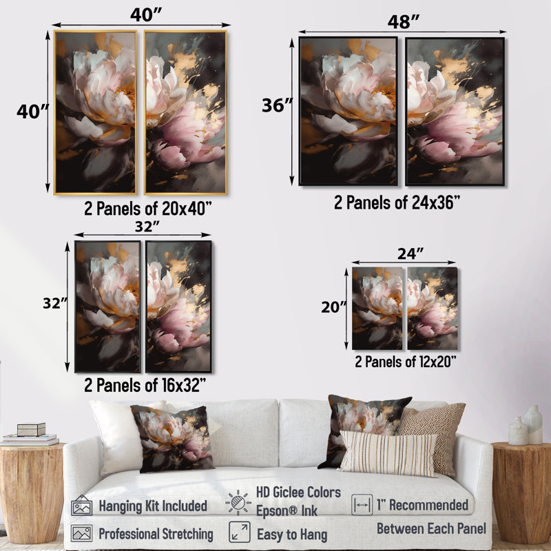 Marbre rose doré pivoine fleur V - art mural abstrait en marbre, Impression encadrée flottante, Noir, H 20 po x l 24 po