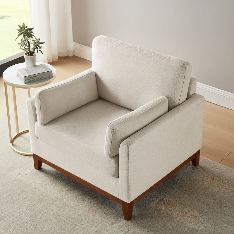 Chenille Accent Chair With Solid Rubberwood Legs, Smoke White