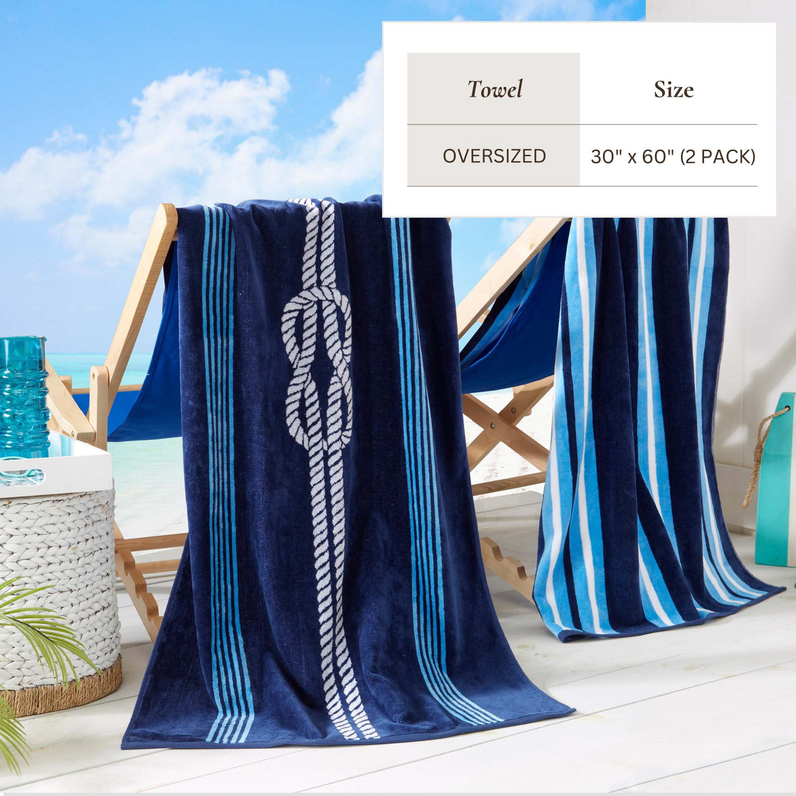 2-Piece Jacquard Cotton Beach Towel Set, Navy/Royal Blue Knot & Stripe