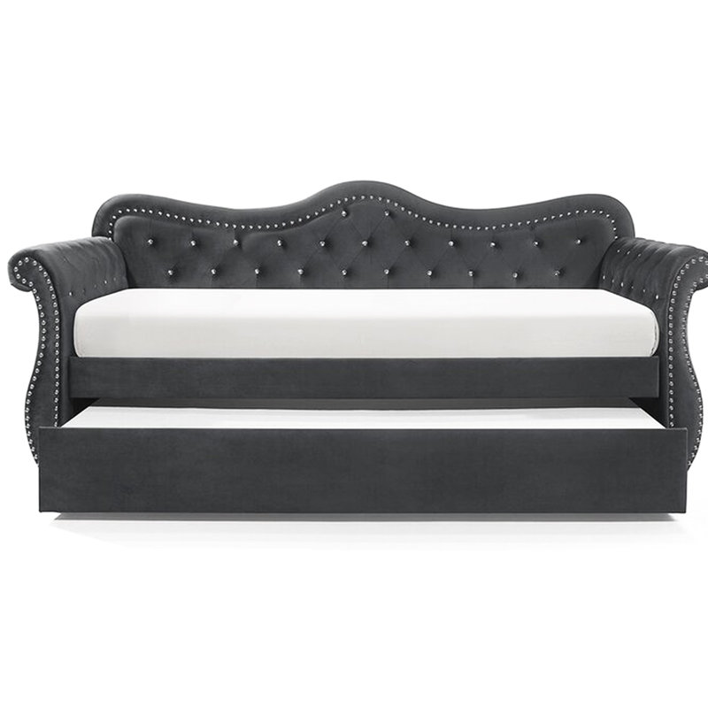 Lit de jour en velours gris avec lit gigogne - Lit confortable, Gris