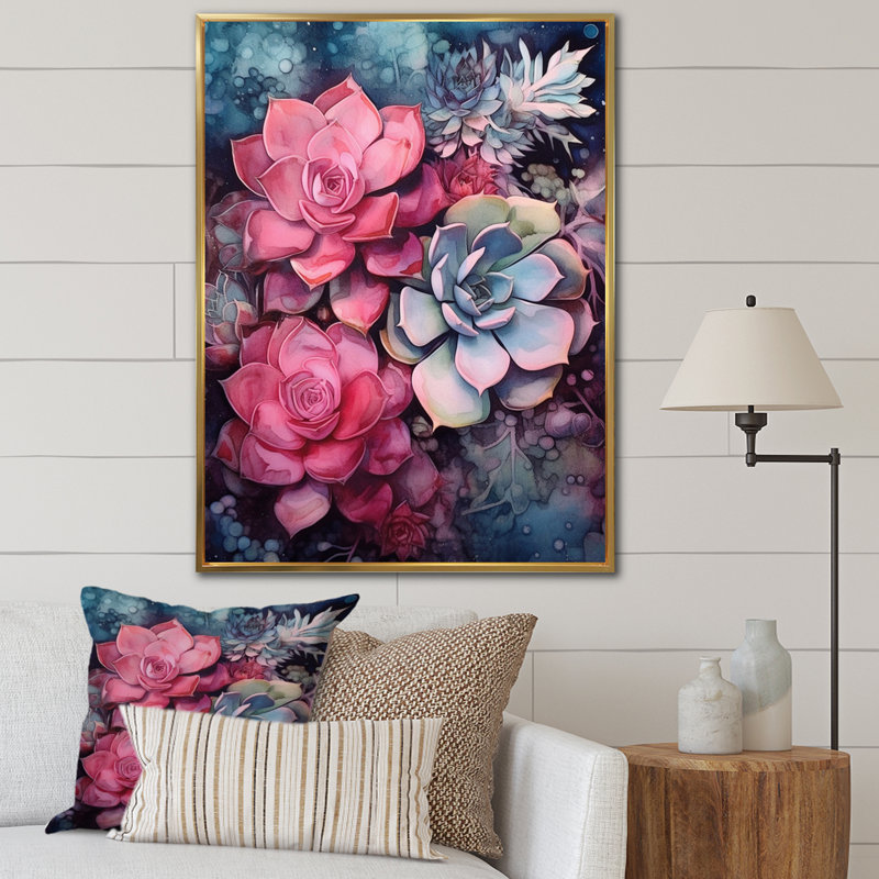 Rose, bleu sarcelle, résilience succulente, H 40 po x l 30 po x P 1,5 po, Cadre flottant doré