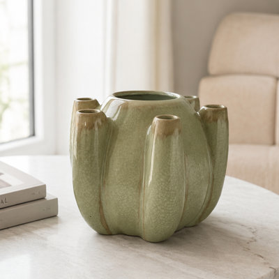 Vase tulipière, texture craquelée, vert sauge et céramique brune 9 pouces
