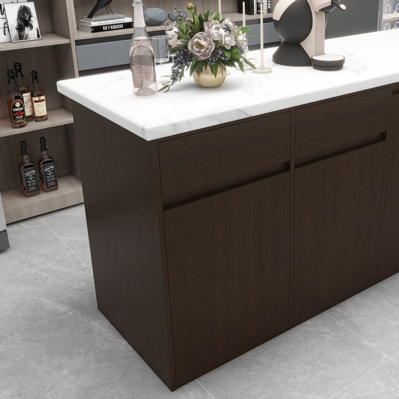 Îlot de cuisine moderne à plateau en marbre avec armoires de rangement et tiroirs, Brun