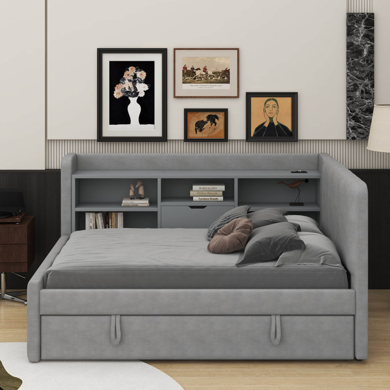 Lit de jour simple rembourré avec lit gigogne, tablettes de rangement, port USB et prise de courant, gris