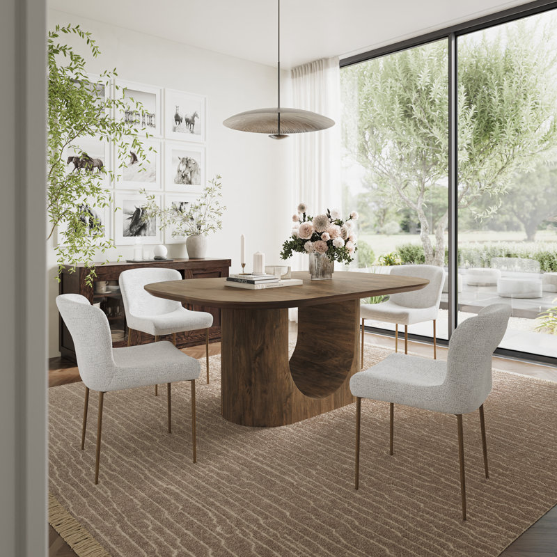 Hamadi Modern Architectural Pedestal Curved Dining Table Set With Performance Fabric Chairs, 5 Pieces: Table, 4 Chairs