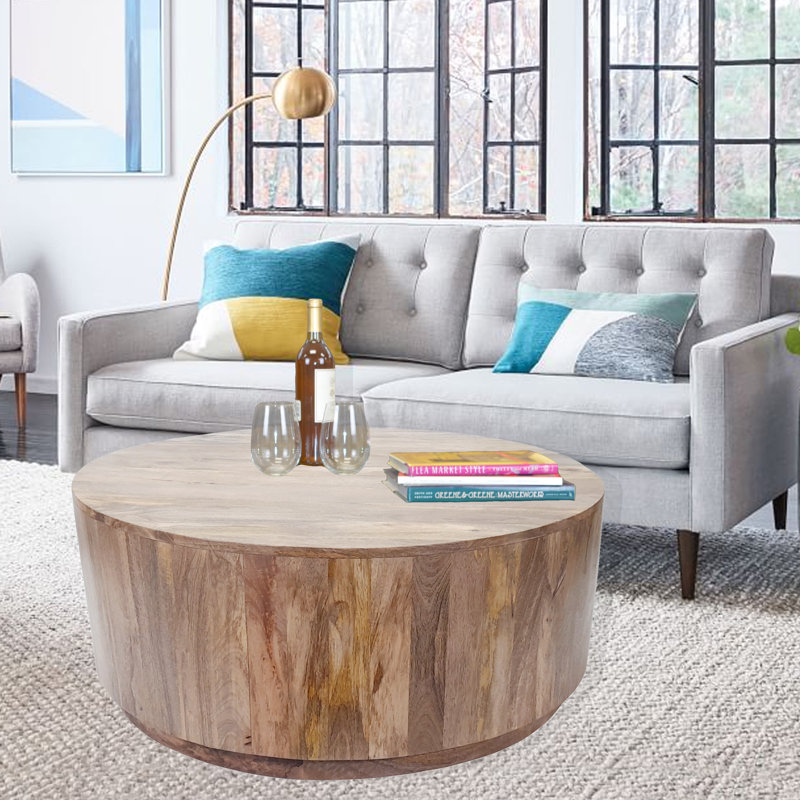 Rustic Brown 42" Round x 17" H Coffee Table with Handcrafted Solid Mango Wood Construction, Elm