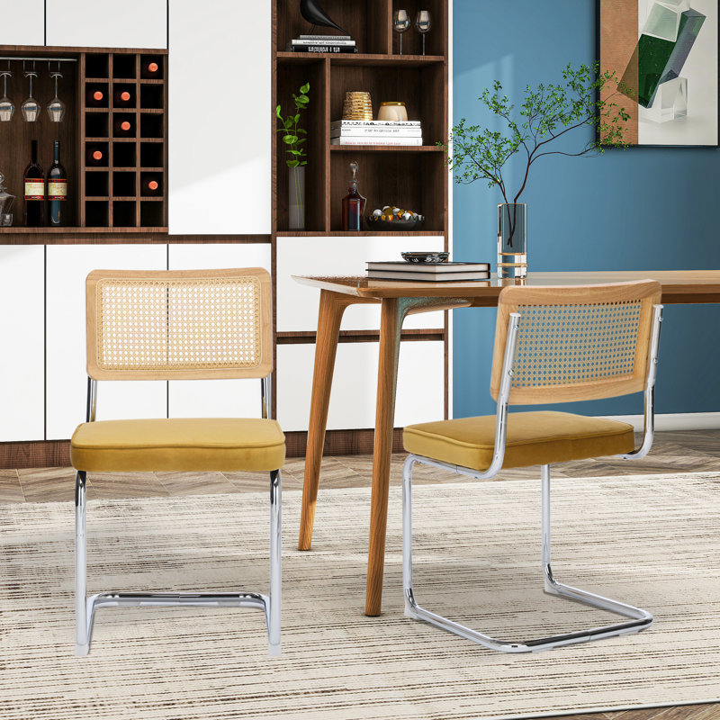 Rattan Backrest Upholstered Side Chair (Set Of 2), Yellow