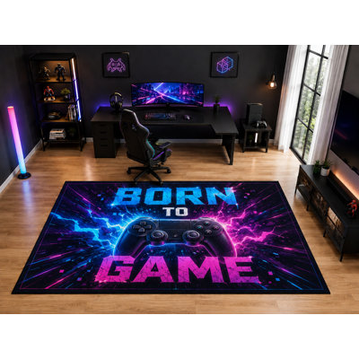 Tapis « ultra-léger » grand format (201 cm x 300 cm) « Born to Game Controller » pour chambre d’enfant ou salle de jeux, doux et à poils courts, avec envers antidérapant en silicone, noir.