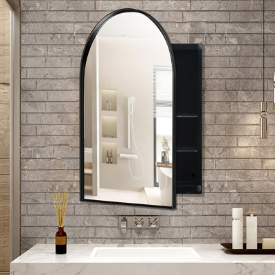 Armoire de toilette encastrée avec miroir arqué 61 x 91 cm, cadre en métal noir mat, étagères réglables pour une meilleure organisation, unité de rangement encadrée, encastrée, avec étagères.