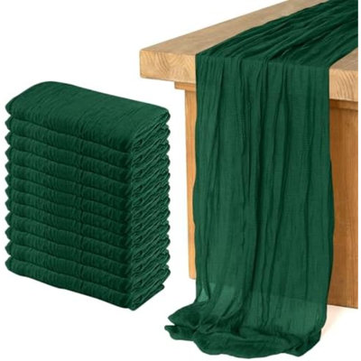 Lot de 12 chemins de table en gaze de 3 m (10 pi) style bohème, parfaits pour la décoration de mariage, de fête prénuptiale ou de fête prénatale (89 cm x 305 cm) (vert émeraude)